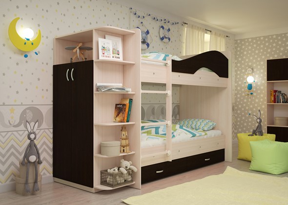 Кровать двухъярусная Мая на щитах со шкафом и ящиками, корпус Млечный дуб, фасад Венге в Нижневартовске - изображение