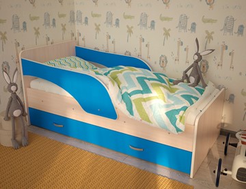 Кровать с ящиками Максимка, корпус Млечный дуб, фасад Синий в Ханты-Мансийске