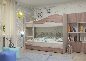 Детская 2-ярусная кровать Мая с 2 ящиками на щитах, корпус Шимо светлый, фасад Шимо темный в Когалыме