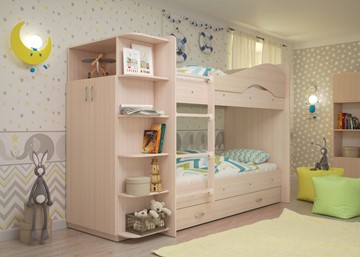 Детская двухэтажная кровать Мая на щитах со шкафом и ящиками, цвет Млечный дуб в Сургуте