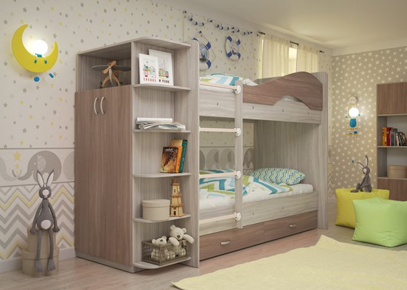 Двухэтажная детская кровать Мая на щитах со шкафом и ящиками, корпус Шимо светлый, фасад Шимо темный в Лангепасе - изображение