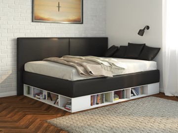 Кровать подростковая Lancaster 1, 140х200, ЛДСП белая, экокожа черная в Когалыме
