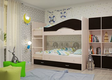 Детская  двухъярусная кровать Мая с 2 ящиками на щитах, корпус Млечный дуб, фасад Венге в Когалыме - предосмотр 1