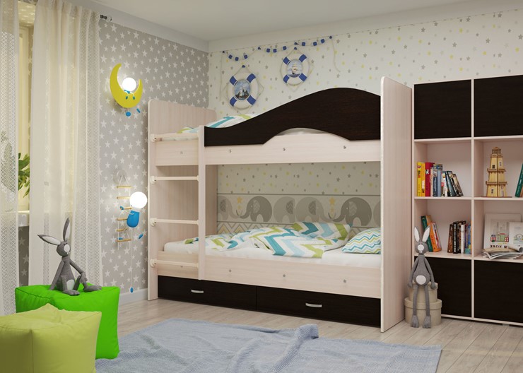 Детская  двухъярусная кровать Мая с 2 ящиками на щитах, корпус Млечный дуб, фасад Венге в Урае - изображение 1