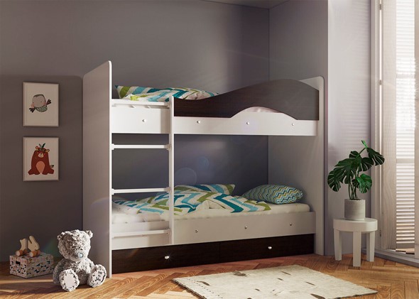 Детская  двухъярусная кровать Мая с 2 ящиками на щитах, корпус Млечный дуб, фасад Венге в Нижневартовске - изображение