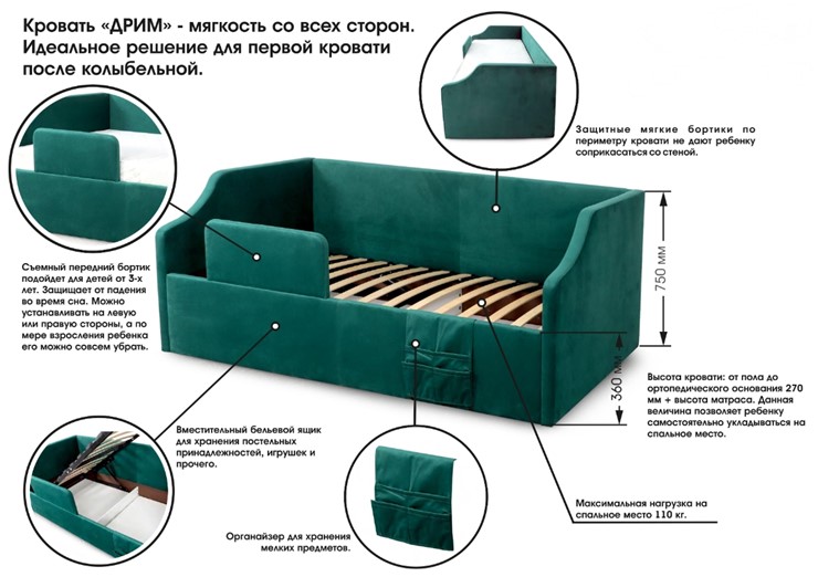 Детская кровать с подъемным механизмом Дрим, Мора зеленый в Сургуте - изображение 10