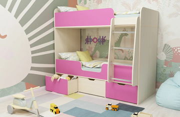 Двухэтажная кровать Малыш двойняшка 70х160, корпус Дуб молочный, фасад Розовый в Когалыме - предосмотр