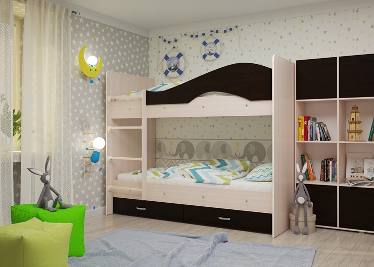Детская 2-этажная кровать Мая на щитах, корпус Млечный дуб, фасад Венге в Нижневартовске - изображение 1