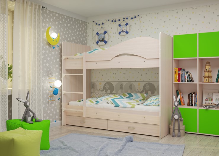 Детская двухэтажная кровать Мая на щитах со шкафом и ящиками, цвет Млечный дуб в Ханты-Мансийске - изображение 1