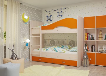 Кровать 2-ярусная Мая на щитах со шкафом и ящиками, корпус Млечный дуб, фасад Оранжевый в Лангепасе - предосмотр 1