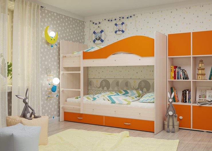 Кровать 2-ярусная Мая на щитах со шкафом и ящиками, корпус Млечный дуб, фасад Оранжевый в Нижневартовске - изображение 1