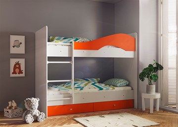 Двухъярусная кровать Мая с 2 ящиками на щитах, корпус Млечный дуб, фасад Оранжевый в Югорске