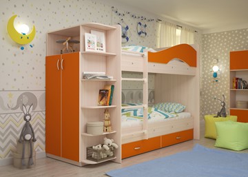 Двухъярусная кровать Мая с 2 ящиками на щитах, корпус Млечный дуб, фасад Оранжевый в Пыть-Яхе - предосмотр 1