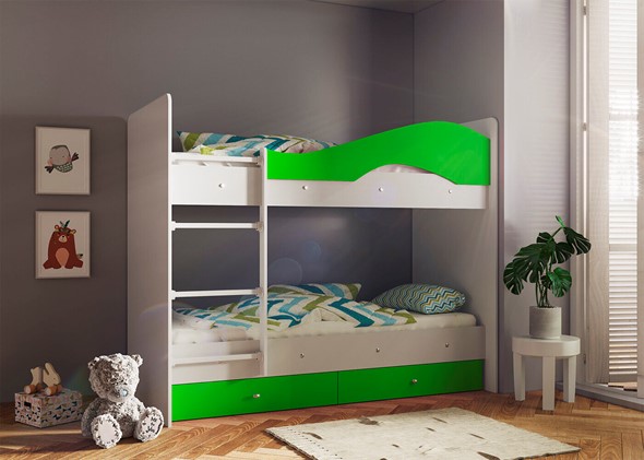 Детская 2-х ярусная кровать Мая с 2 ящиками на щитах, корпус Млечный дуб, фасад Салатовый в Лангепасе - изображение