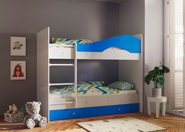 Детская 2-этажная кровать Мая с 2 ящиками на щитах, корпус Млечный дуб, фасад Синий в Радужном