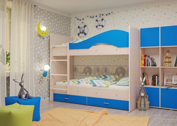 Детская 2-этажная кровать Мая с 2 ящиками на щитах, корпус Млечный дуб, фасад Синий в Урае - предосмотр 3
