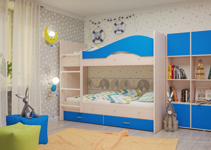 Детская 2-этажная кровать Мая с 2 ящиками на щитах, корпус Млечный дуб, фасад Синий в Лангепасе - изображение 3