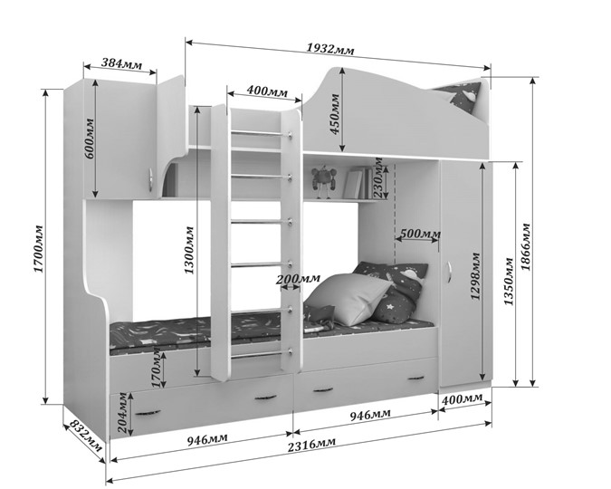 Кровать 2-ярусная Юниор-2, каркас Белое дерево, фасад Лайм в Урае - изображение 1