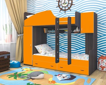 Детская двухъярусная кровать Юниор-2, каркас Ясень анкор темный, фасад Оранжевый в Урае