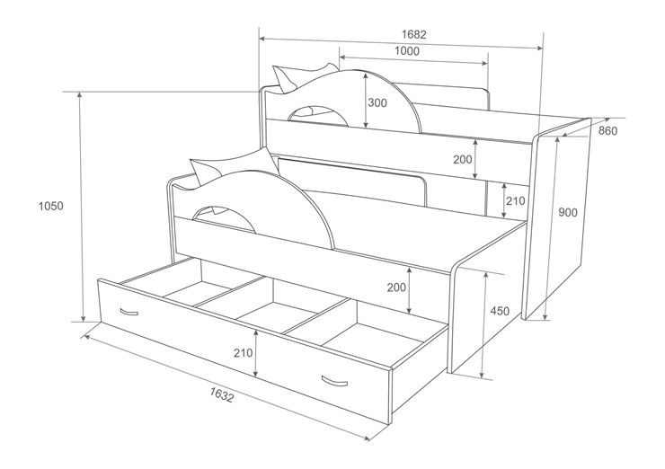 Кровать 2-ярусная Радуга 1.6 с ящиком, корпус Шимо светлый, фасад Шимо темный в Лангепасе - изображение 1
