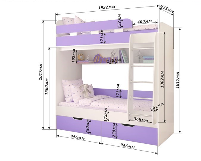Двухэтажная кровать Юниор-5, каркас Дуб, фасад Розовый в Нягани - изображение 1