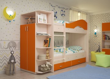 Кровать 2-ярусная Мая на щитах со шкафом и ящиками, корпус Млечный дуб, фасад Оранжевый в Сургуте