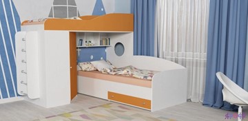 Детская кровать-чердак Кадет-2 с металлической лестницей, корпус Белое дерево, фасад Оранжевый в Югорске