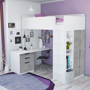 Кровать-чердак с письменным столом и шкафом POLINI Kids Simple Белый / Бетон в Урае - предосмотр 1