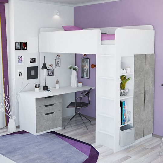 Кровать-чердак с письменным столом и шкафом POLINI Kids Simple Белый / Бетон в Пыть-Яхе - изображение 1