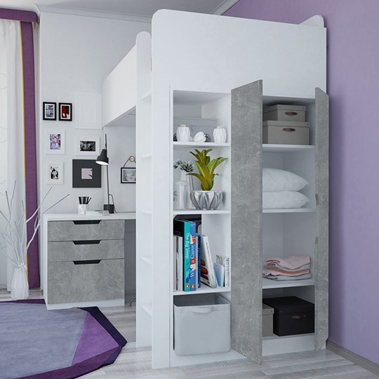 Кровать-чердак с письменным столом и шкафом POLINI Kids Simple Белый / Бетон в Лангепасе - изображение 2