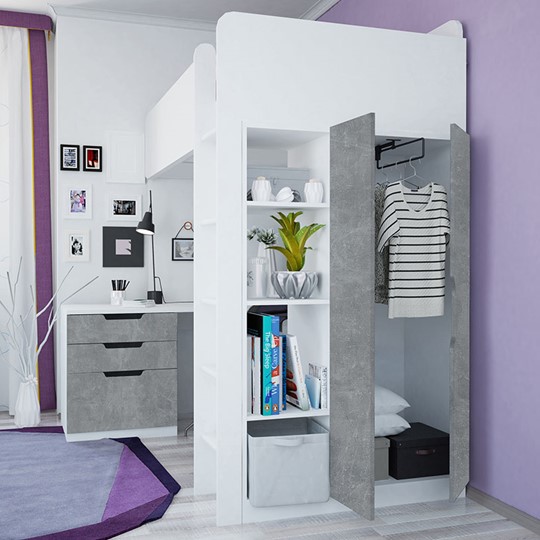 Кровать-чердак с письменным столом и шкафом POLINI Kids Simple Белый / Бетон в Урае - изображение 3