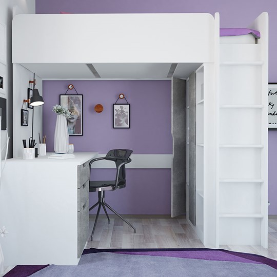 Кровать-чердак с письменным столом и шкафом POLINI Kids Simple Белый / Бетон в Урае - изображение 5