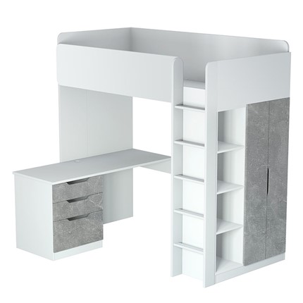 Кровать-чердак с письменным столом и шкафом POLINI Kids Simple Белый / Бетон в Лангепасе - изображение
