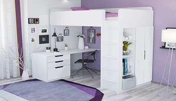 Кровать-чердак с письменным столом и шкафом POLINI Kids Simple Белый в Югорске - предосмотр 1