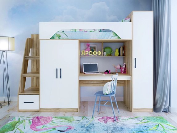 Кровать-чердак с шкафом Тея, каркас Ясень, фасад Белый в Радужном - изображение