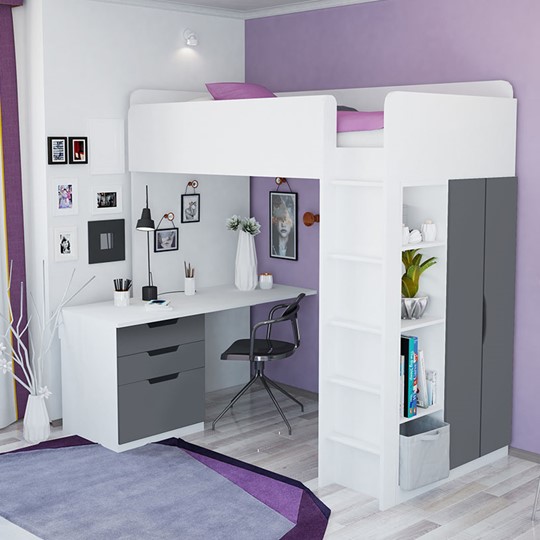 Кровать 2-х ярусная с письменным столом и шкафом POLINI Kids Simple Белый / Серый в Пыть-Яхе - изображение 3