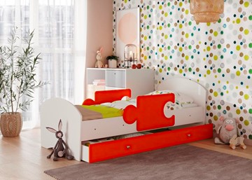 Детская кровать с ящиком и бортиками Мозайка, корпус Белый/фасад Оранжевый (ламели) в Урае