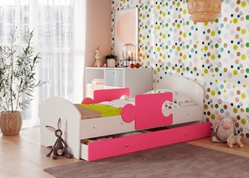 Детская кровать с ящиком и бортиками Мозайка, корпус Белый/фасад Розовый (ламели) в Урае