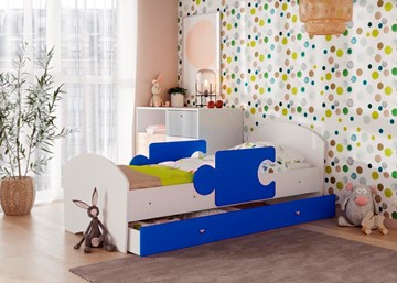 Детская кровать с ящиком и бортиками Мозайка, корпус Белый/фасад Синий (щиты) в Урае