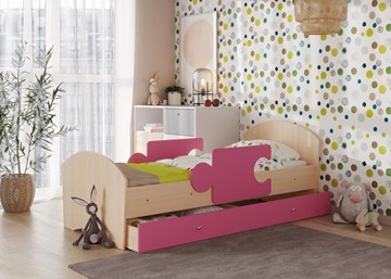Кровать детская с бортиками и ящиком Мозайка, корпус Млечный дуб/фасад Розовый (ламели) в Когалыме