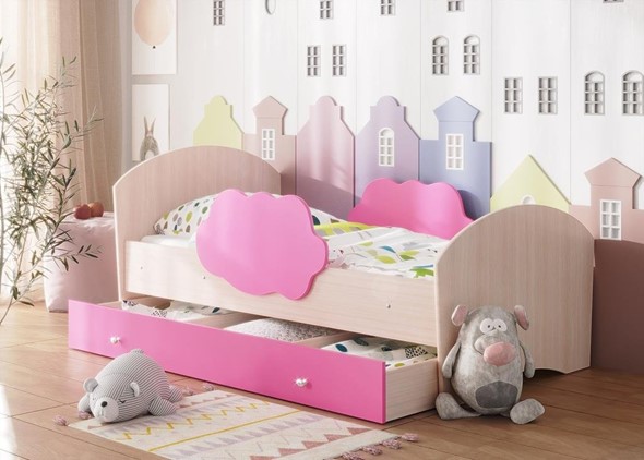 Кровать детская Тучка с ящиком, корпус Дуб млечный, фасад Розовый в Советском - изображение