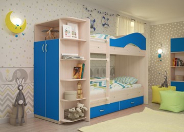 Детская двухъярусная кровать Мая на щитах со шкафом и ящиками, корпус Млечный дуб, фасад Синий в Радужном