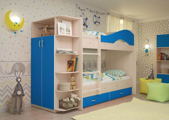 Детская двухъярусная кровать Мая на щитах со шкафом и ящиками, корпус Млечный дуб, фасад Синий в Югорске - изображение