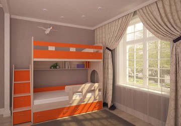 Детская двухэтажная кровать Юниор-1 с бортом, каркас Дуб, фасад Оранжевый в Югорске