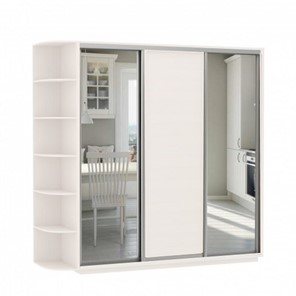 Шкаф трехдверный Экспресс (Зеркало/ДСП/Зеркало) со стеллажом, 2700х600х2400, белый снег в Когалыме
