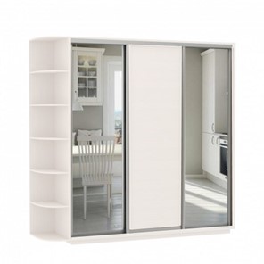 Шкаф 3-х створчатый Экспресс (Зеркало/ДСП/Зеркало) со стеллажом, 2100х600х2400, белый снег в Когалыме