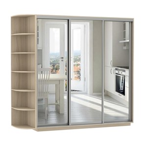 Шкаф 3-х дверный Экспресс (3 зеркала), со стеллажом 2100х600х2400, шимо светлый в Лангепасе