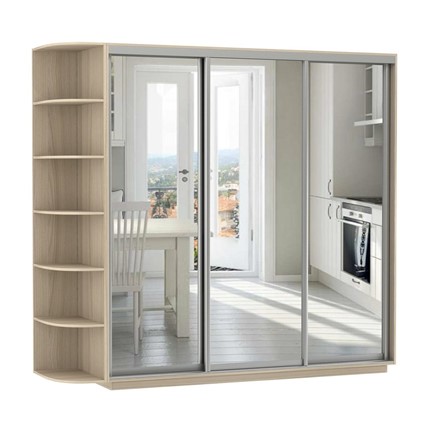 Шкаф 3-х дверный Экспресс (3 зеркала), со стеллажом 2100х600х2400, шимо светлый в Сургуте - изображение