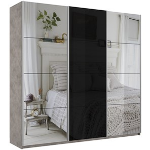 Шкаф 3-дверный Широкий Прайм (2 Зеркала / Стекло черное) 2400x570x2300, Бетон в Сургуте