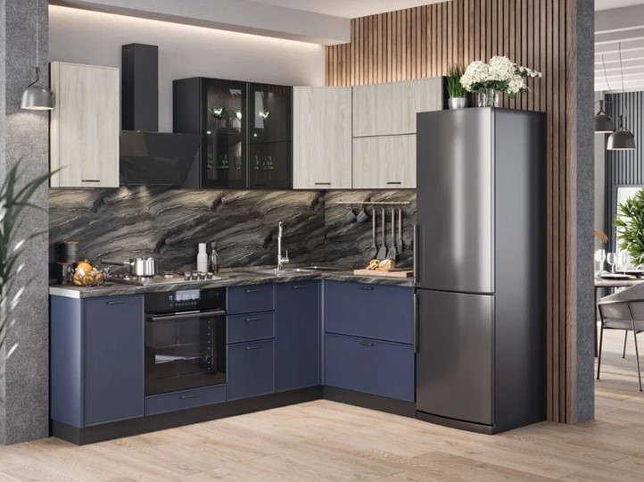 Модульный кухонный гарнитур угловой 2400 Индиго, Черный/Дуб мадейра топаз/Темно-синий в Лангепасе - изображение